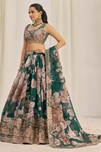green sequins organza festival lehenga set choli with dupatta with dupatta