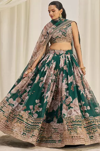 green sequins organza festival lehenga set choli with dupatta with dupatta