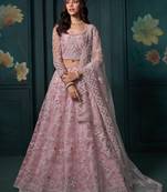 pink color embroidered net lehenga set choli with dupatta