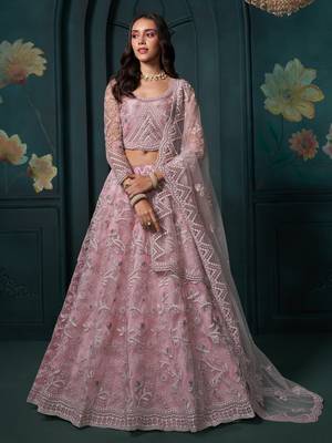 pink color embroidered net lehenga set choli with dupatta 2
