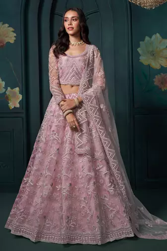 pink color embroidered net lehenga set choli with dupatta