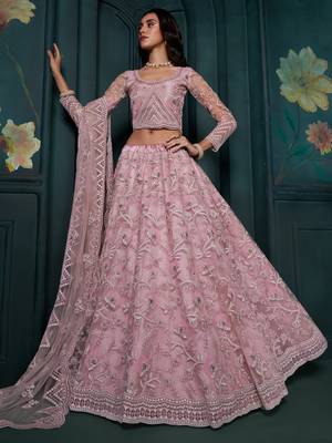 pink color embroidered net lehenga set choli with dupatta 3