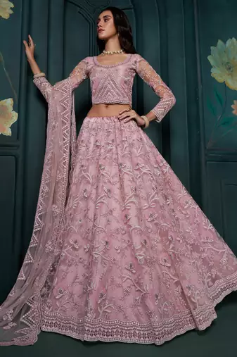 pink color embroidered net lehenga set choli with dupatta