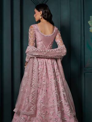 pink color embroidered net lehenga set choli with dupatta 4