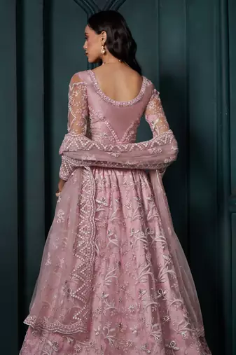 pink color embroidered net lehenga set choli with dupatta