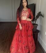 Red Bandhani Printed Georgette  Lehenga Choli With Jacket