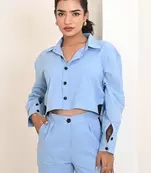 Sky Blue Collared  Cotton Cord Set 