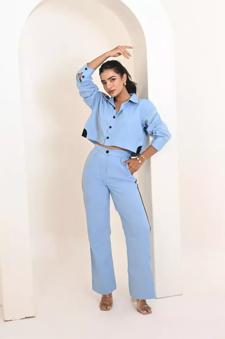 Sky Blue Collared  Cotton Cord Set 