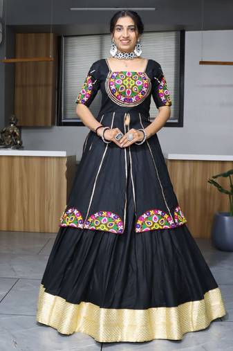 Black Mirror Work Cotton Navratri Lehenga With Long Top