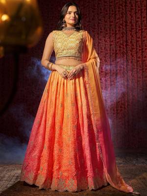orange printed organza lehenga set choli with dupatta with dupatta 3