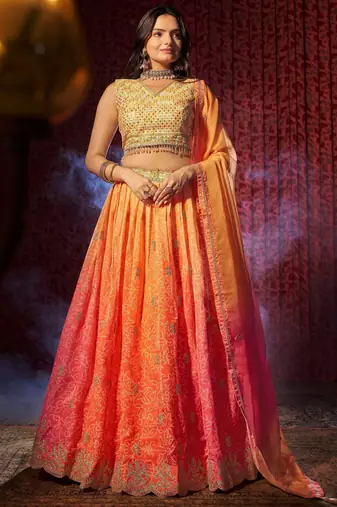 orange printed organza lehenga set choli with dupatta with dupatta