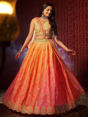 orange printed organza lehenga set choli with dupatta with dupatta 4
