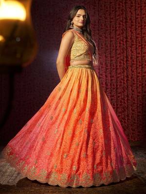 orange printed organza lehenga set choli with dupatta with dupatta 5