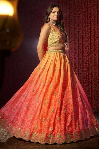 orange printed organza lehenga set choli with dupatta with dupatta