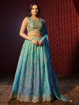 blue printed organza lehenga set choli with dupatta with dupatta 1
