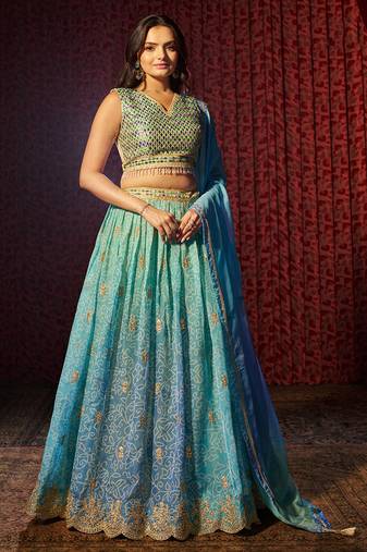 Blue Printed Organza Wedding Wear Lehenga Choli With Dupatta
