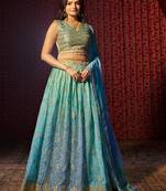 blue printed organza lehenga set choli with dupatta with dupatta