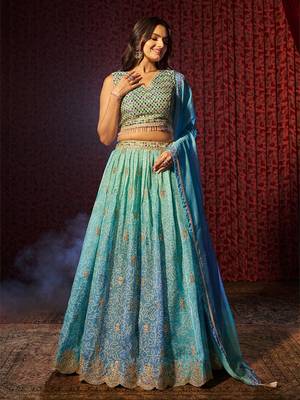blue printed organza lehenga set choli with dupatta with dupatta 4