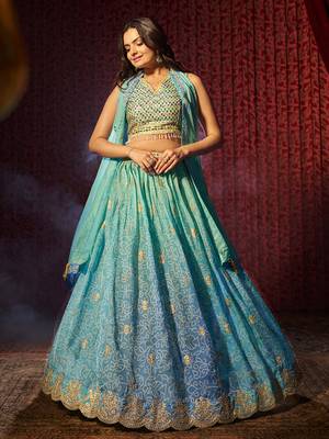 blue printed organza lehenga set choli with dupatta with dupatta 5