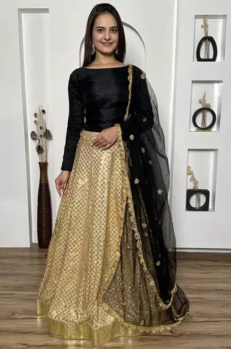 black sequins silk lehenga set choli with dupatta with dupatta