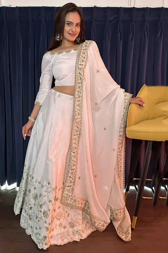 Elegant Pearl White Embroidered Lehenga Set