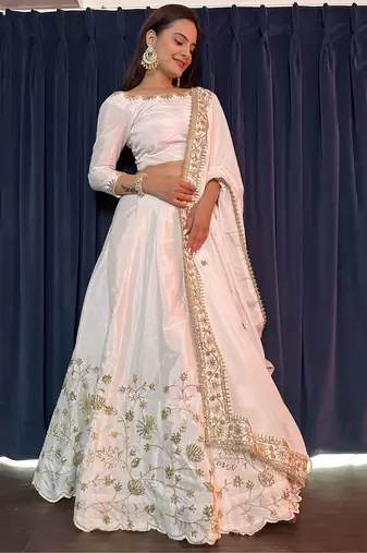 Elegant Pearl White Embroidered Lehenga Set