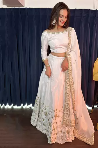 Elegant Pearl White Embroidered Lehenga Set