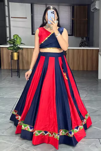 Red And Blue Mirror Work Cotton Navratri Lehenga Choli