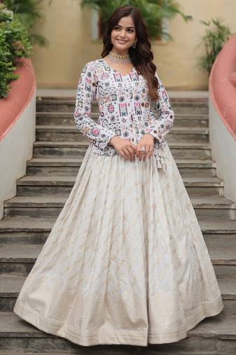 Off-White Sequins Jacquard Event Wear Lehenga With Long Top
