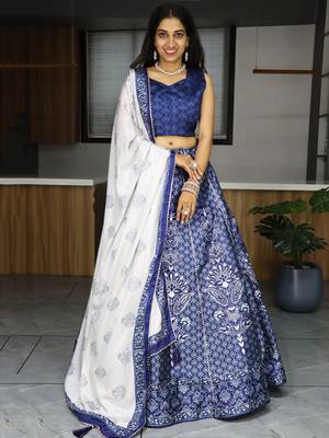 navy blue printed art silk event lehenga set choli with dupatta with dupatta 1