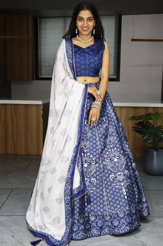 Navy Blue Printed Art Silk Event Wear Lehenga Choli With Dupatta