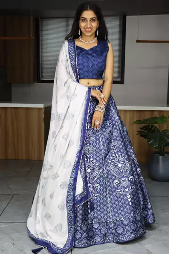 navy blue printed art silk event lehenga set choli with dupatta with dupatta