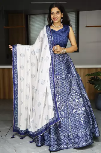 navy blue printed art silk event lehenga set choli with dupatta with dupatta