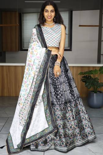 Black Printed Art Silk Wedding Wear Lehenga Choli With Dupatta