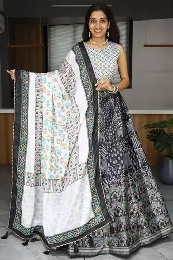 black printed art silk lehenga set choli with dupatta with dupatta