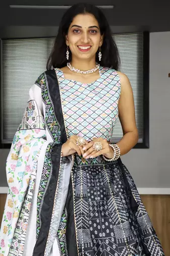 black printed art silk lehenga set choli with dupatta with dupatta