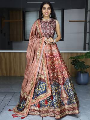 brown printed art silk event lehenga set choli with dupatta with dupatta 1
