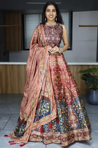 brown printed art silk event lehenga set choli with dupatta with dupatta