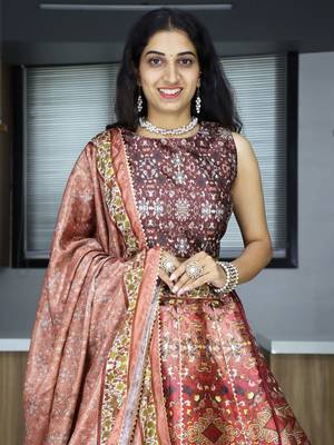 brown printed art silk event lehenga set choli with dupatta with dupatta 3