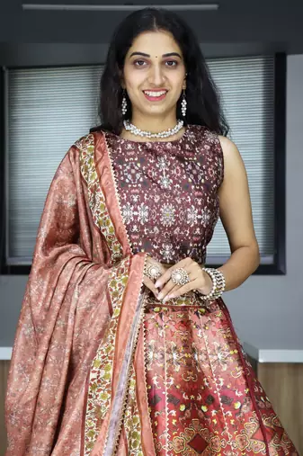 brown printed art silk event lehenga set choli with dupatta with dupatta
