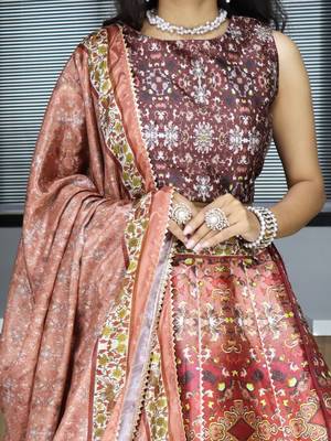 brown printed art silk event lehenga set choli with dupatta with dupatta 4