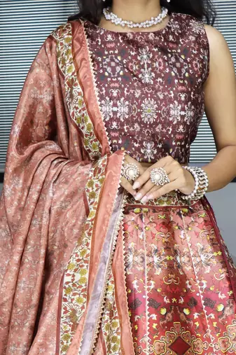 brown printed art silk event lehenga set choli with dupatta with dupatta