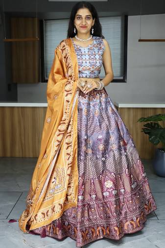 Grey Printed Art Silk Function Wear Lehenga Choli With Dupatta