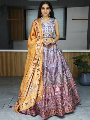 grey printed art silk lehenga set choli with dupatta with dupatta 2