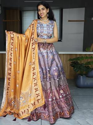 grey printed art silk lehenga set choli with dupatta with dupatta 3