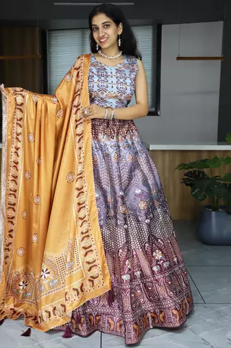 grey printed art silk lehenga set choli with dupatta with dupatta