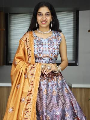 grey printed art silk lehenga set choli with dupatta with dupatta 4