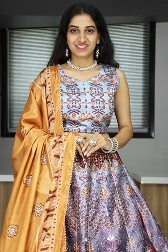 grey printed art silk lehenga set choli with dupatta with dupatta