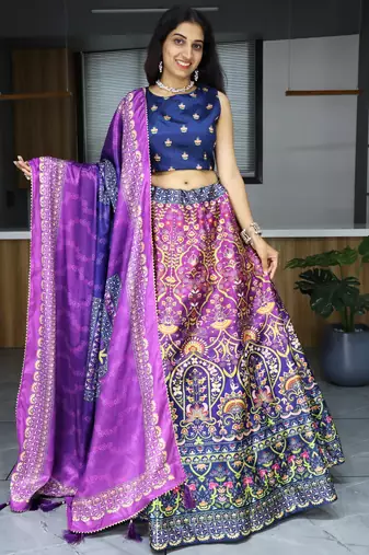 purple printed art silk event lehenga set choli with dupatta