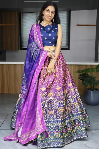 purple printed art silk event lehenga set choli with dupatta